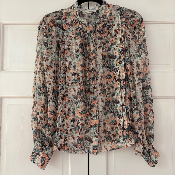ULLA JOHNSON Edith Blouse‎ Gardenia Floral Metallic Silk Button Front Bow Size 6 - Picture 5 of 16
